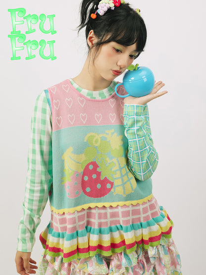 frufru Harajuku Fruit Knit Vest | Reversible Pink & Green Cotton Top