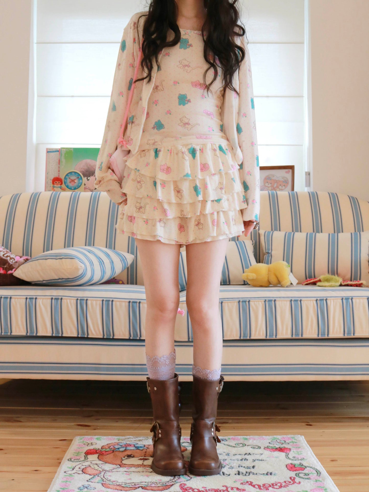 KaiXin Hostel - Cat Rose Print Cardigan Set set KaiXin hostel Skort