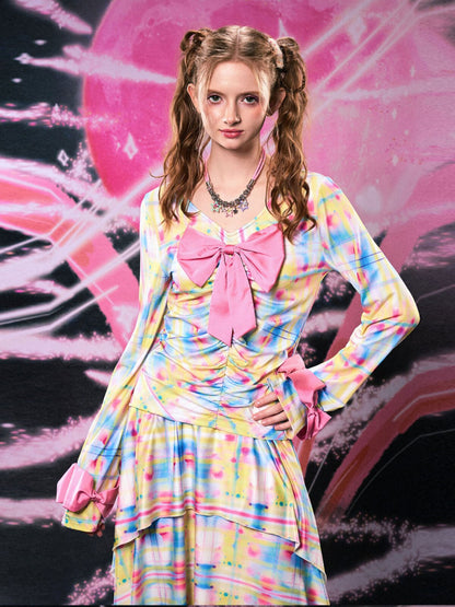 Monsssstar - Yellow Bow Print Two Piece Set set Monsssstar