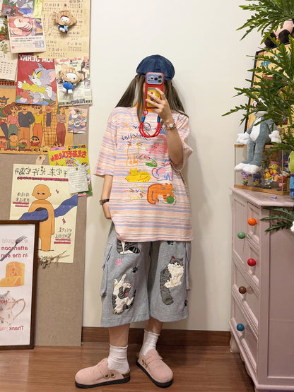 BIBULU - Cat Stripe Graphic T-Shirt tshirt BIBULU