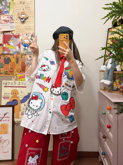 BIBULU - Cat Embroidered Polka Dot Shirt shirt BIBULU