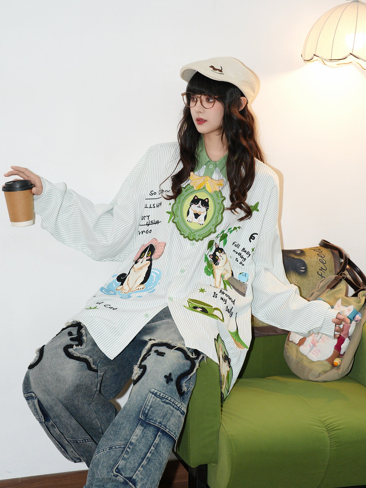 Cartoon Cat Tie Embroidered Striped Shirt shirt soldout