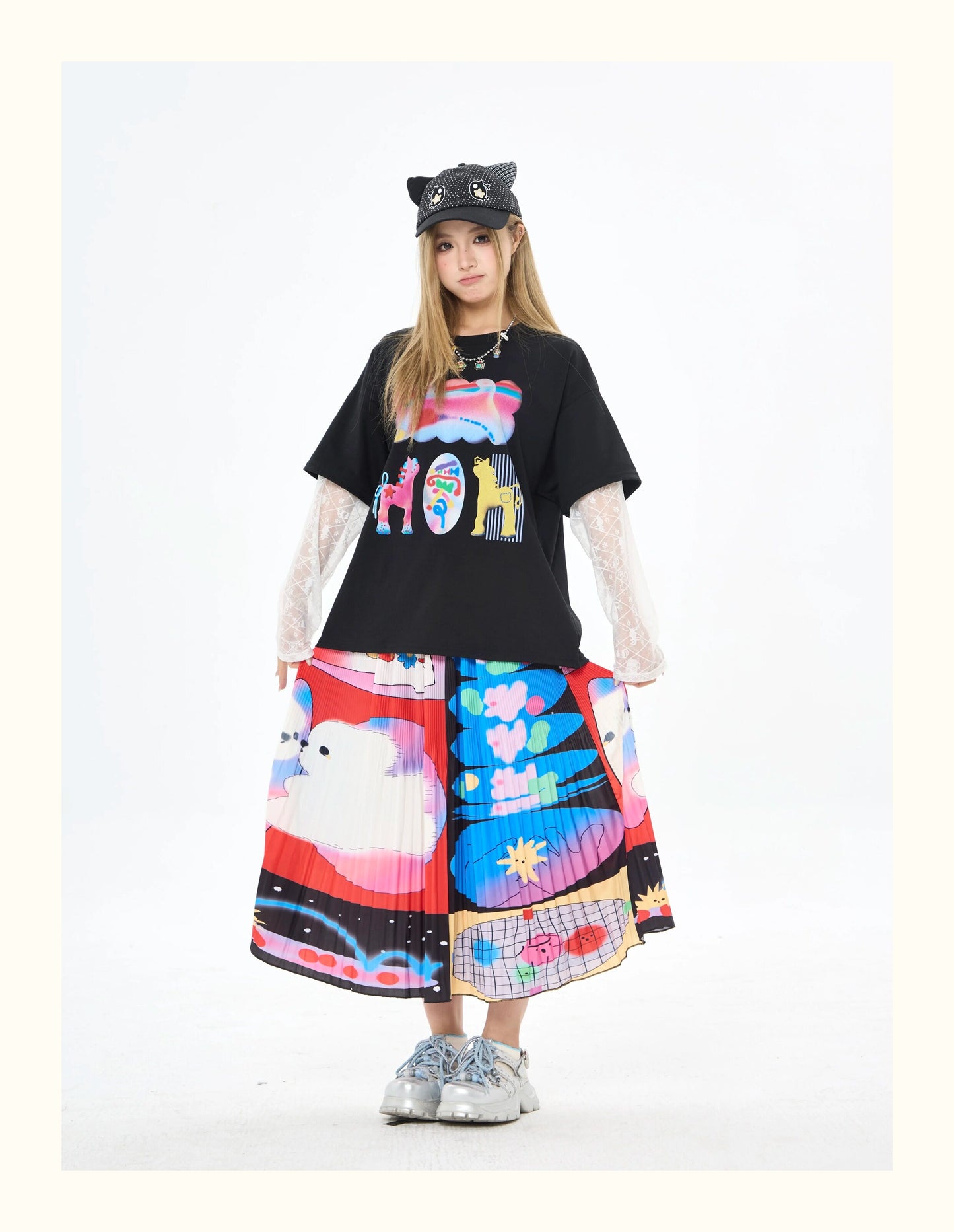 Robootoo - Bunny Print Pleated A-Line Midi Skirt skirt Robootoo