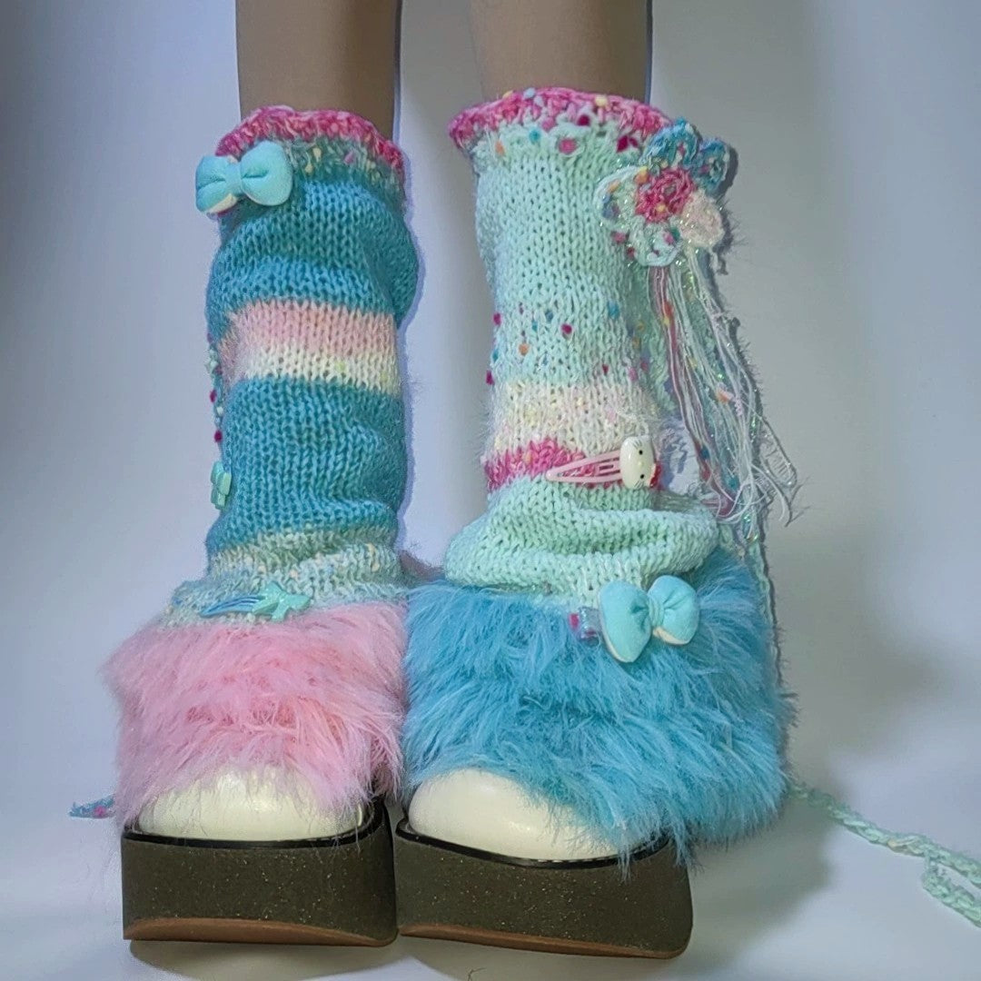 Blue Pink Knit Slouch Leg Warmers leg warmmers Handmade