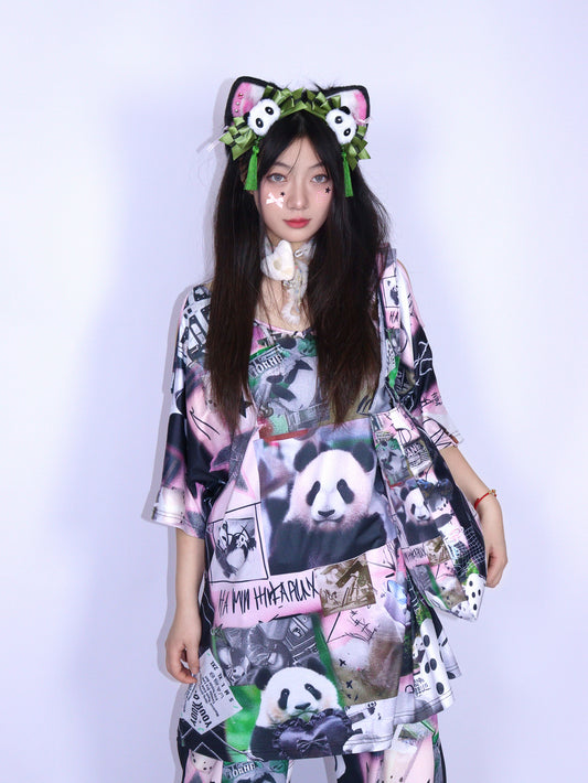 LEERROO - Y2K Panda Print Cold Shoulder Top shirt Leerroo