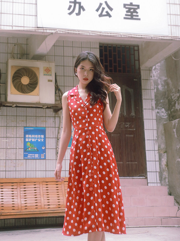 Nanjun Vintage - Red Polka Dot Chiffon Maxi Dress dress Nanjun Vintage