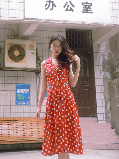 Nanjun Vintage - Red Polka Dot Chiffon Maxi Dress dress Nanjun Vintage