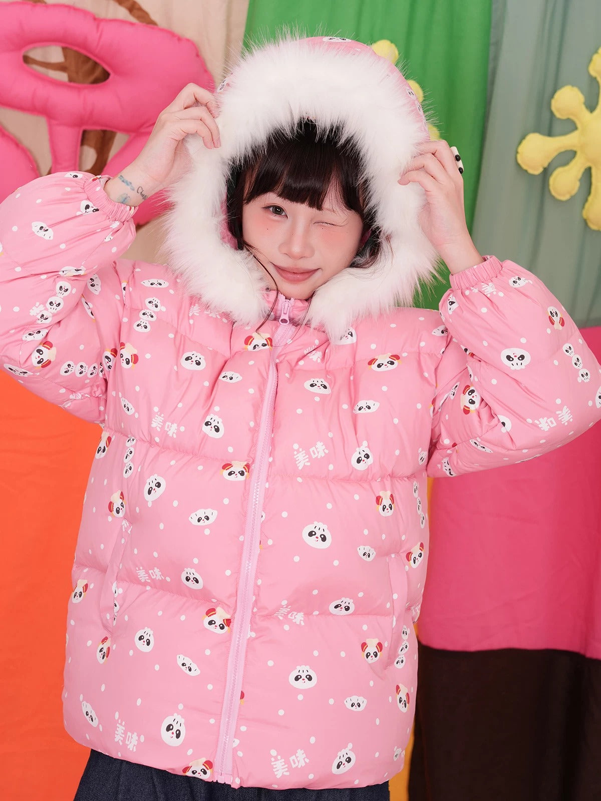 NIKKOU - Panda Breakfast Shop Hooded Down Jacket jacket Nikkou home