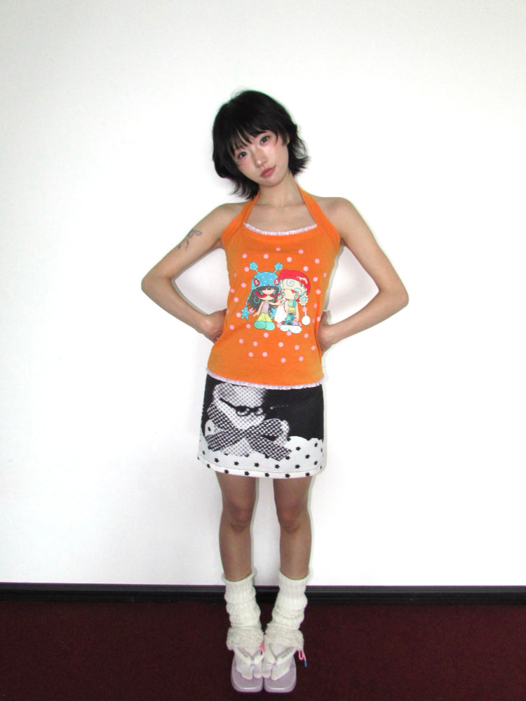 OurHappy Harajuku Skirt | Retro Dot & Star Cat Print Skirt skirt Our Happy