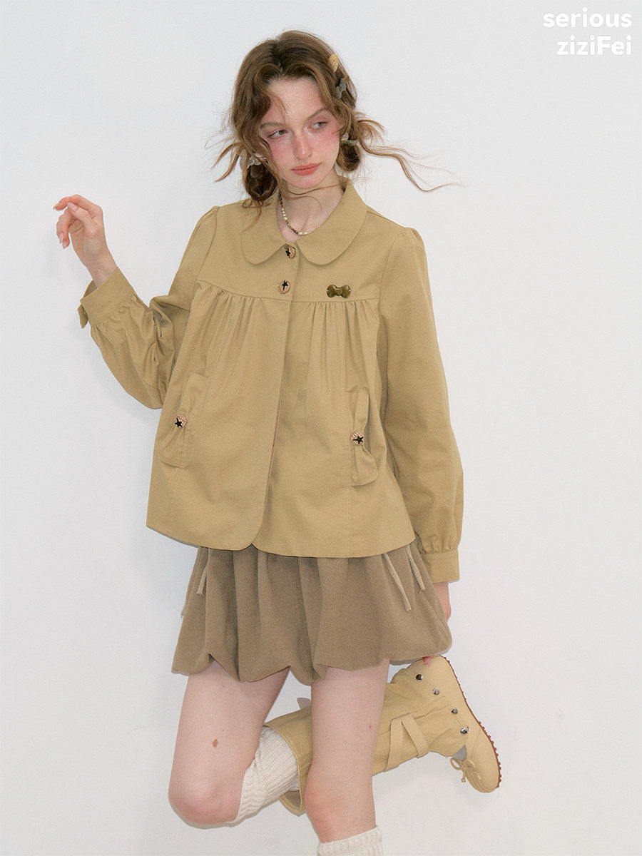 ziziFei - Khaki Peter Pan Collar Cotton Jacket coat ziziFei