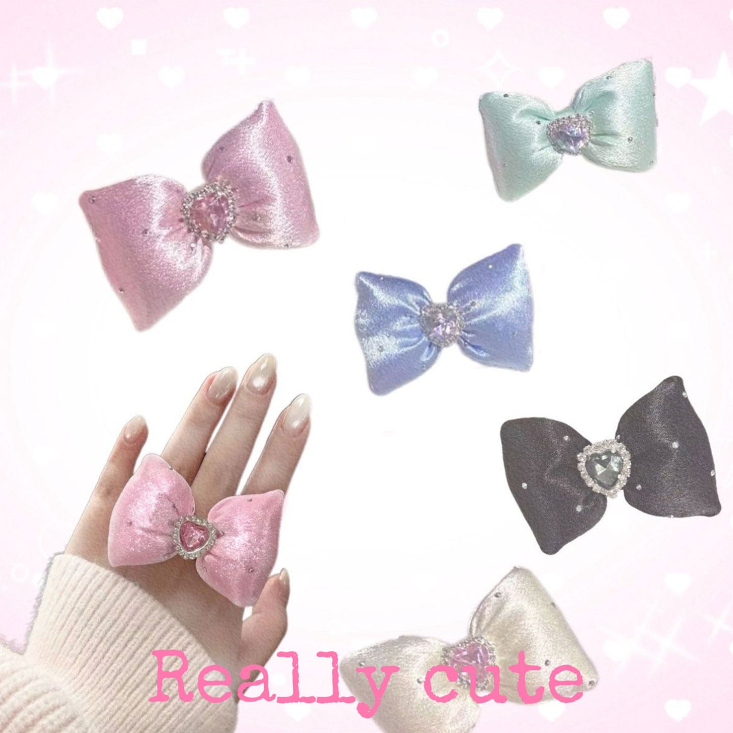 Sweet Bow Rhinestone Fabric Ring Land Decora Pink Ring - 1pc