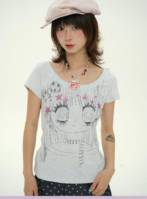 Rabbit Rain - Glitter Star Girl Off-Shoulder T-Shirt tshirt RabbitRain