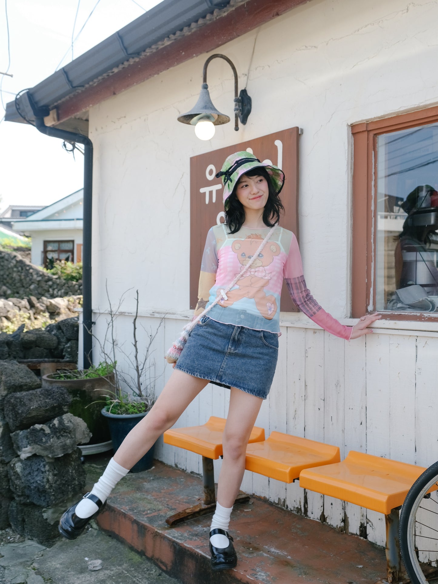 KaiXin Hostel Summer Bow Embroidery Super Short Slim A-line Denim Skirt