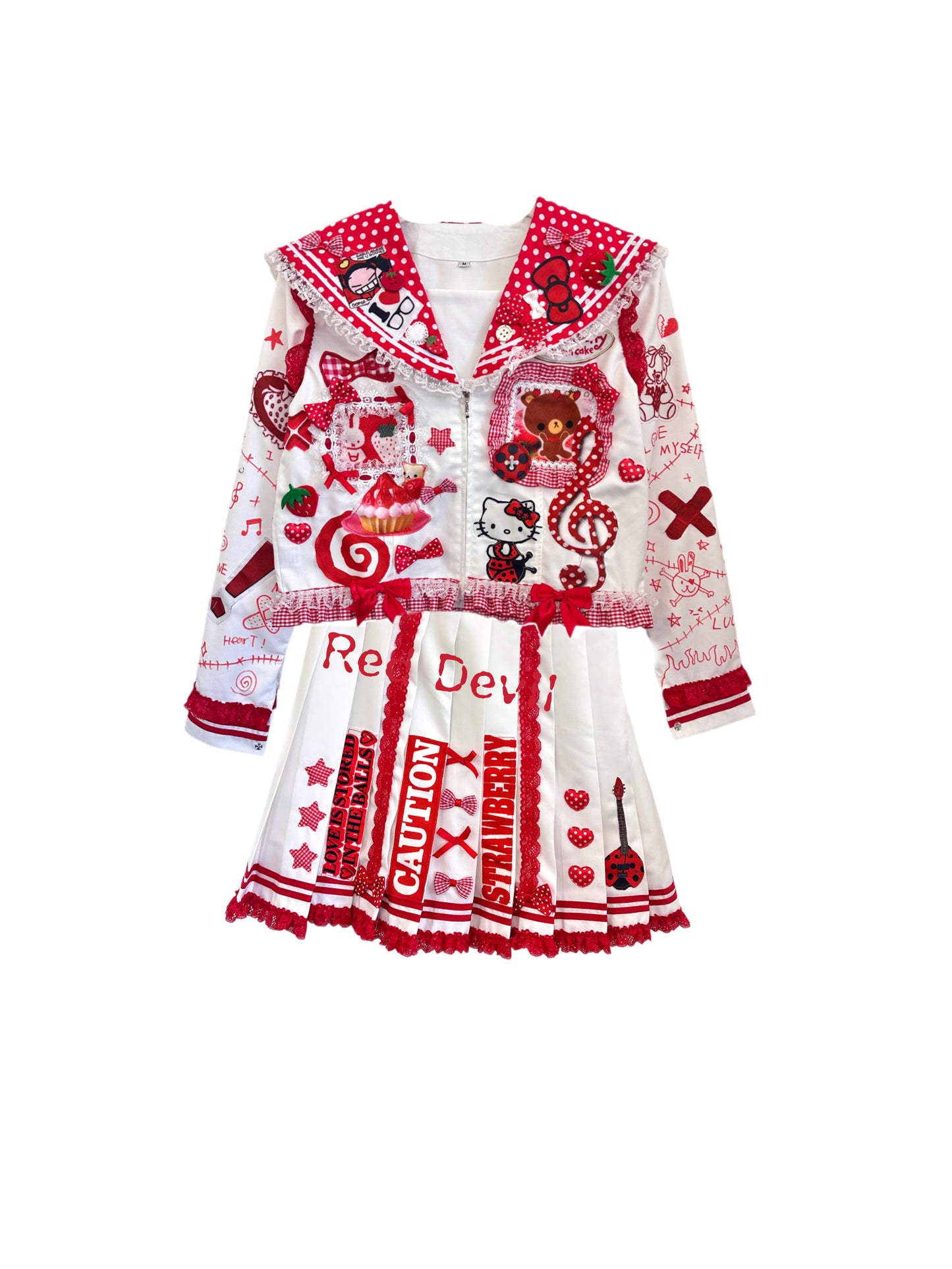 Red Devil - Y2K Red Polka Dot Sailor Uniform Set set Red Devil One Set (Top + Skirt) S