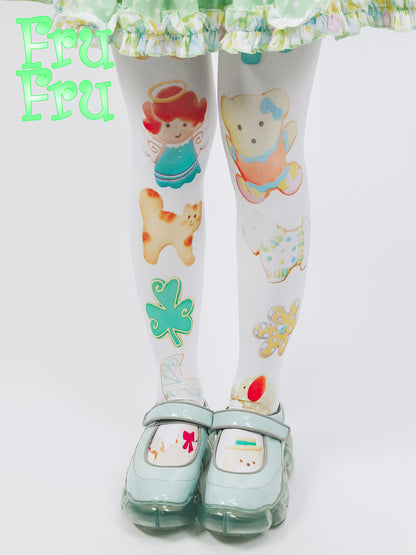 frufru Harajuku White Tights | Cookie Print Cute Stretchy Tights | 100% Cotton tights frufru