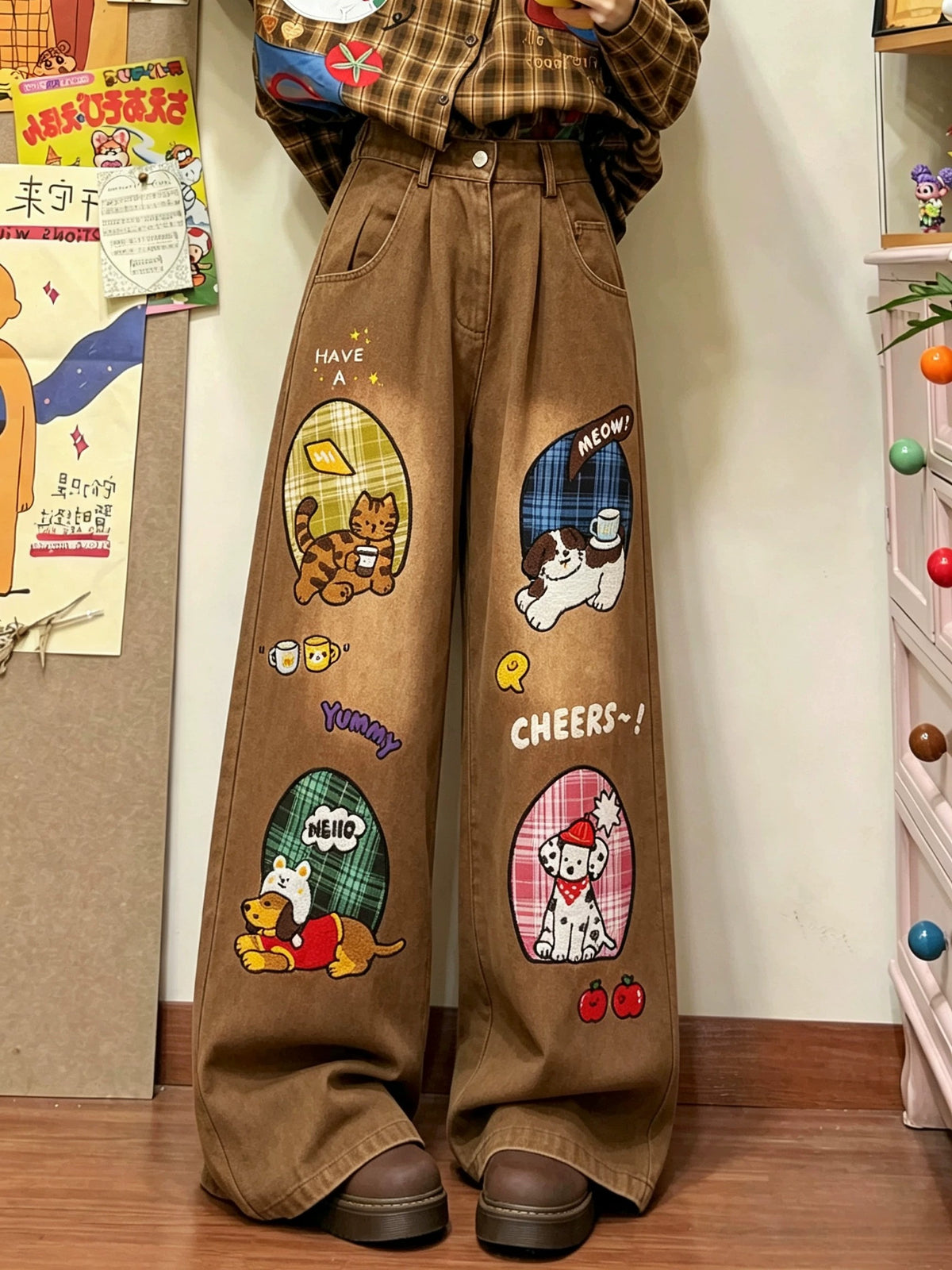 BIBULU - Brown Vintage Cat Dog Embroidered Wide-Leg Jeans pants BIBULU
