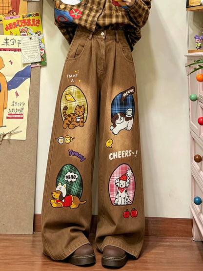BIBULU - Brown Vintage Cat Dog Embroidered Wide-Leg Jeans pants BIBULU
