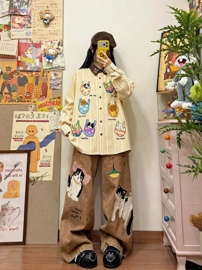 BIBULU - Kidcore Dog Embroidered Plaid Shirt shirt BIBULU