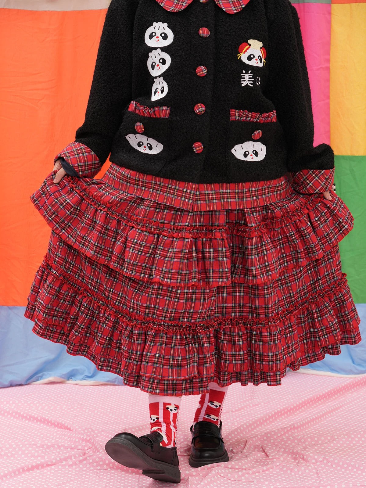 NIKKOU - Red Plaid Ruffle Maxi Skirt skirt Nikkou home