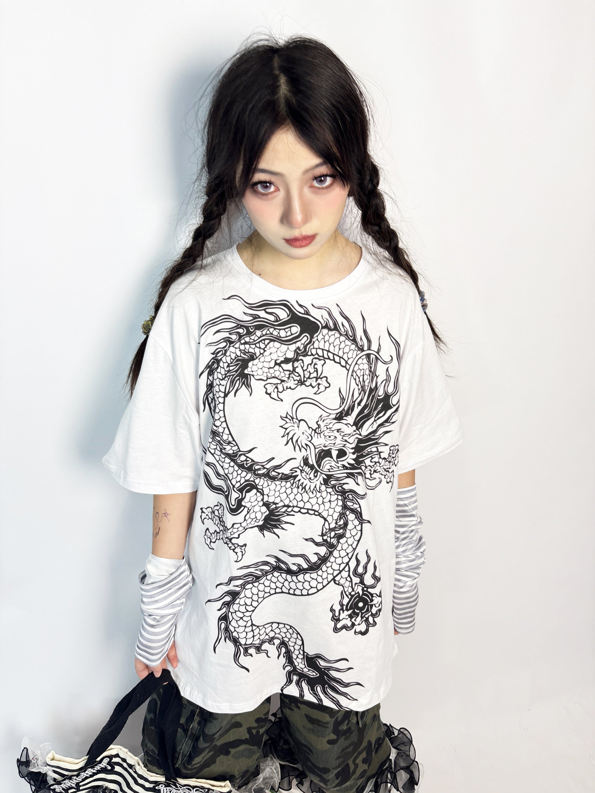 LEERROO - Chinese Style Dragon Print T-Shirt & Skirt Set set Leerroo