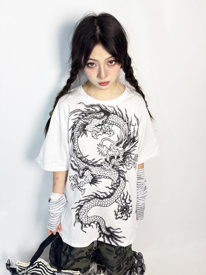 LEERROO - Chinese Style Dragon Print T-Shirt & Skirt Set set Leerroo
