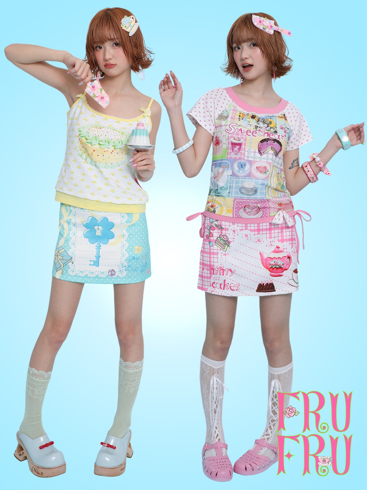 frufru - Mint Green/Pink Rose Print A-Line Skort skirt frufru