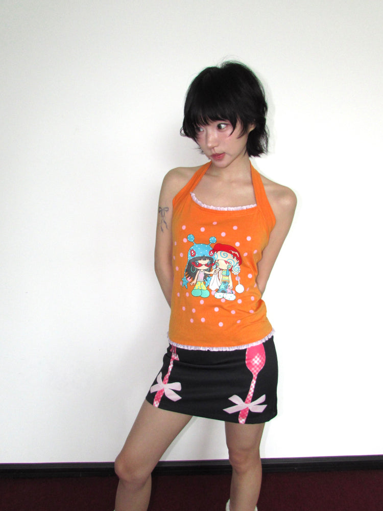 OurHappy Kawaii Harajuku Skirt | Quirky Bow & Cutlery Print Mini Skirt skirt Our Happy