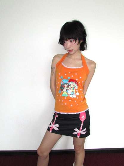 OurHappy Kawaii Harajuku Skirt | Quirky Bow & Cutlery Print Mini Skirt skirt Our Happy