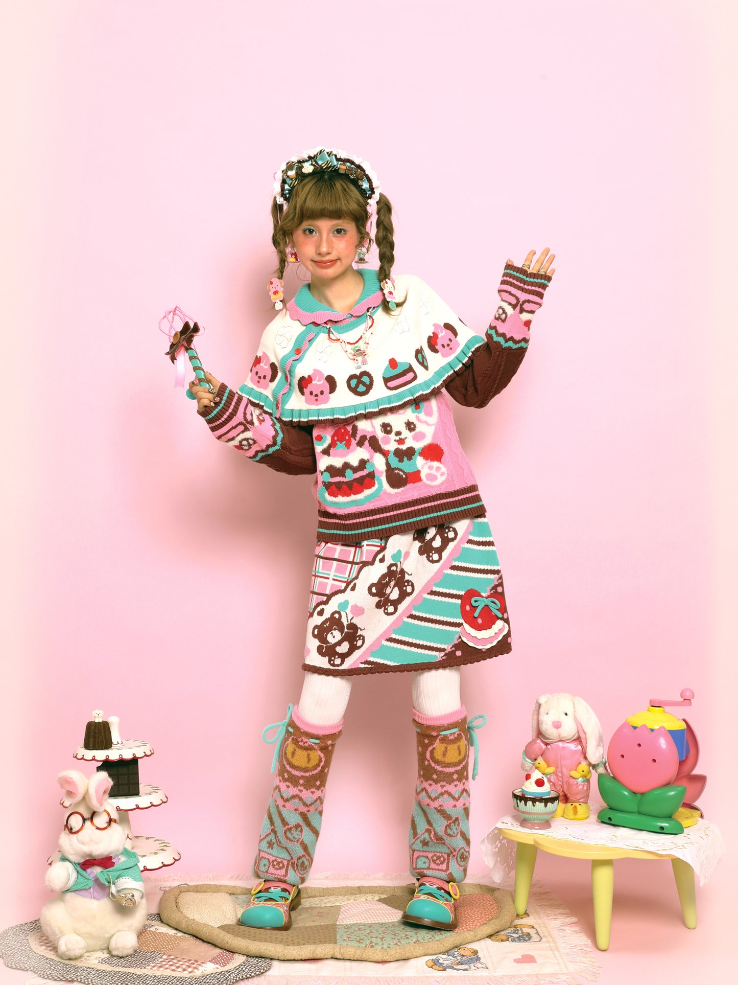 LutraJump - Kawaii Pink Bunny Cable Knit Sweater Cape sweater Lutra Jump