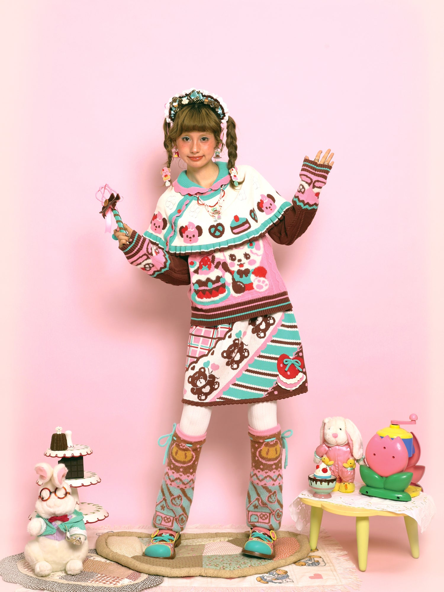 LutraJump - Kawaii Pink Bunny Cable Knit Sweater Cape sweater Lutra Jump