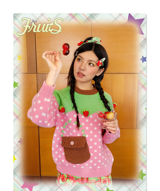 FRUITS - Kawaii Strawberry Polka Dot Pocket Sweater Top sweater Fruits