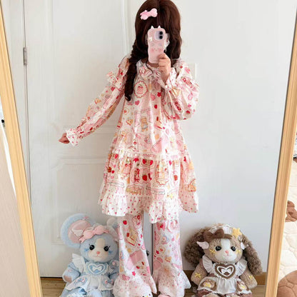 Sweet Dream Bear - Pink Cotton Sleep Dress Set pajama A Cat