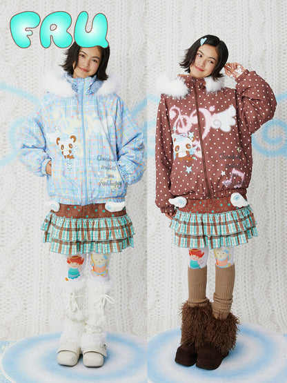 frufru - Kawaii Blue Brown Printed Hooded Jacket Warm Plush-Lined Winter Coat coat frufru