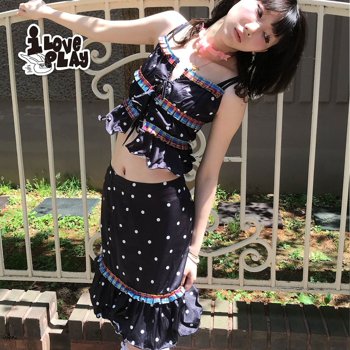 LovePlay – Girly Black Polka Dot Contrast Trim Cami Top & Skirt Set set loveplay