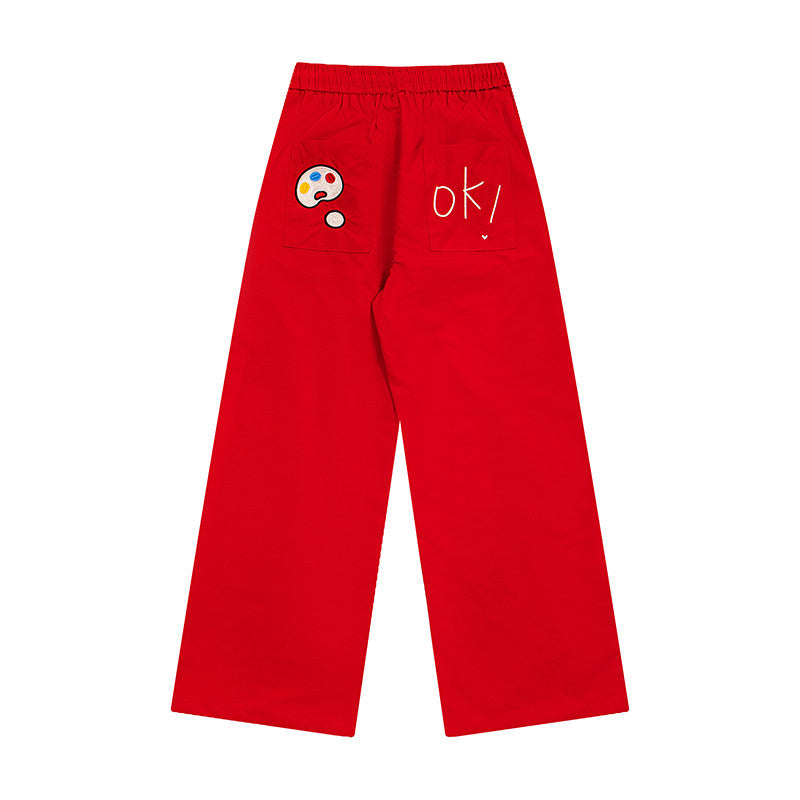 BIBULU - Red Cat Embroidered Wide-Leg Pants pants BIBULU
