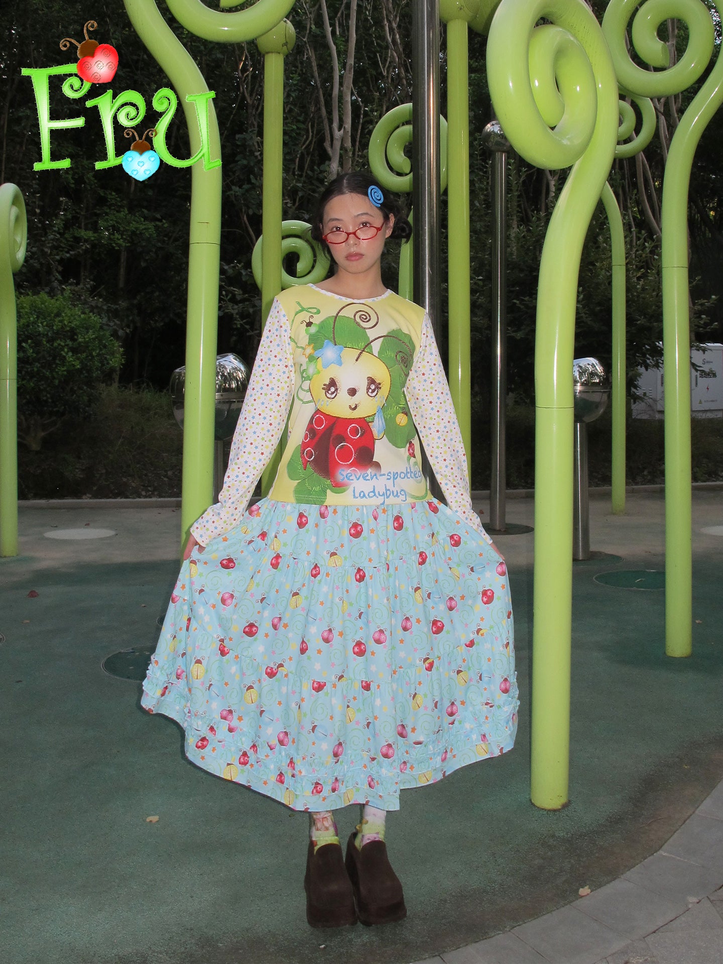 FruFru - Kawaii Long Sleeve Tee Beetle Print Casual Loose shirt frufru