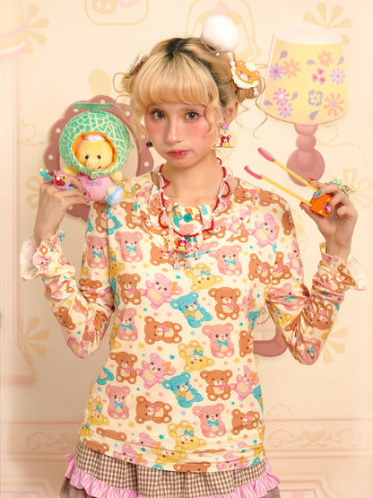 Lutra Jump - Decora Kei Bear Print Layered Long Sleeve Top shirt Lutra Jump