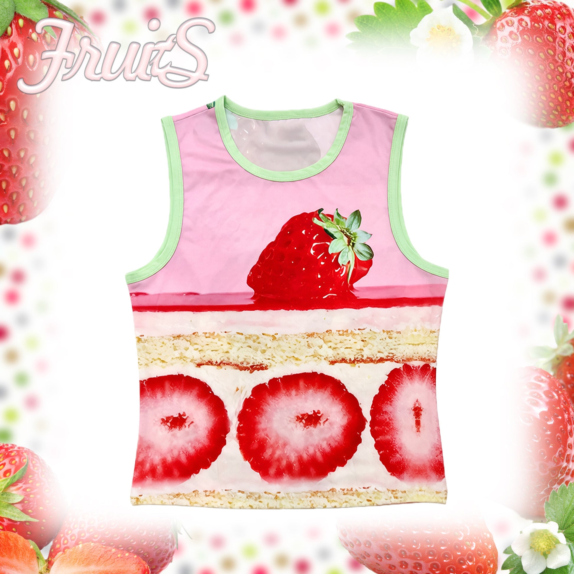 FRUITS - Strawberry Cake Print Tank Top camisole Fruits Pink Strawberry Cake S
