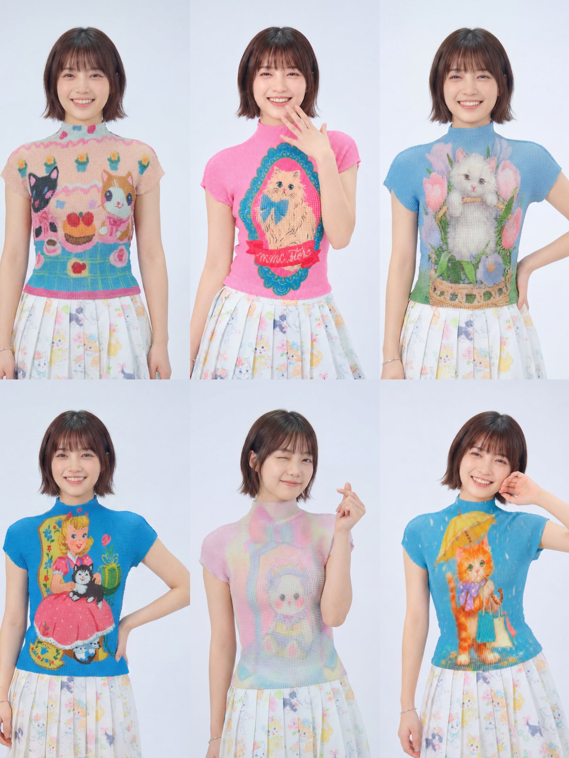 MeowMeow Bug - Cat Print Pleated Tee shirt MeowMeow Bug