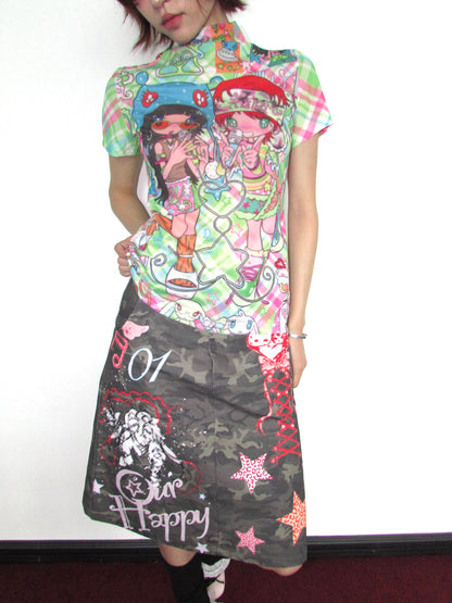 OurHappy - Y2K Graffiti Camo A-Line Midi Skirt skirt Our Happy