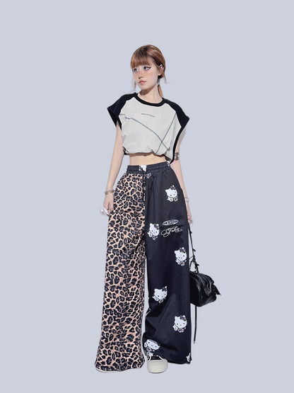 FANLOVEGIRL - Black Leopard Wide-Leg Sweatpants pants FANLOVEGIRL