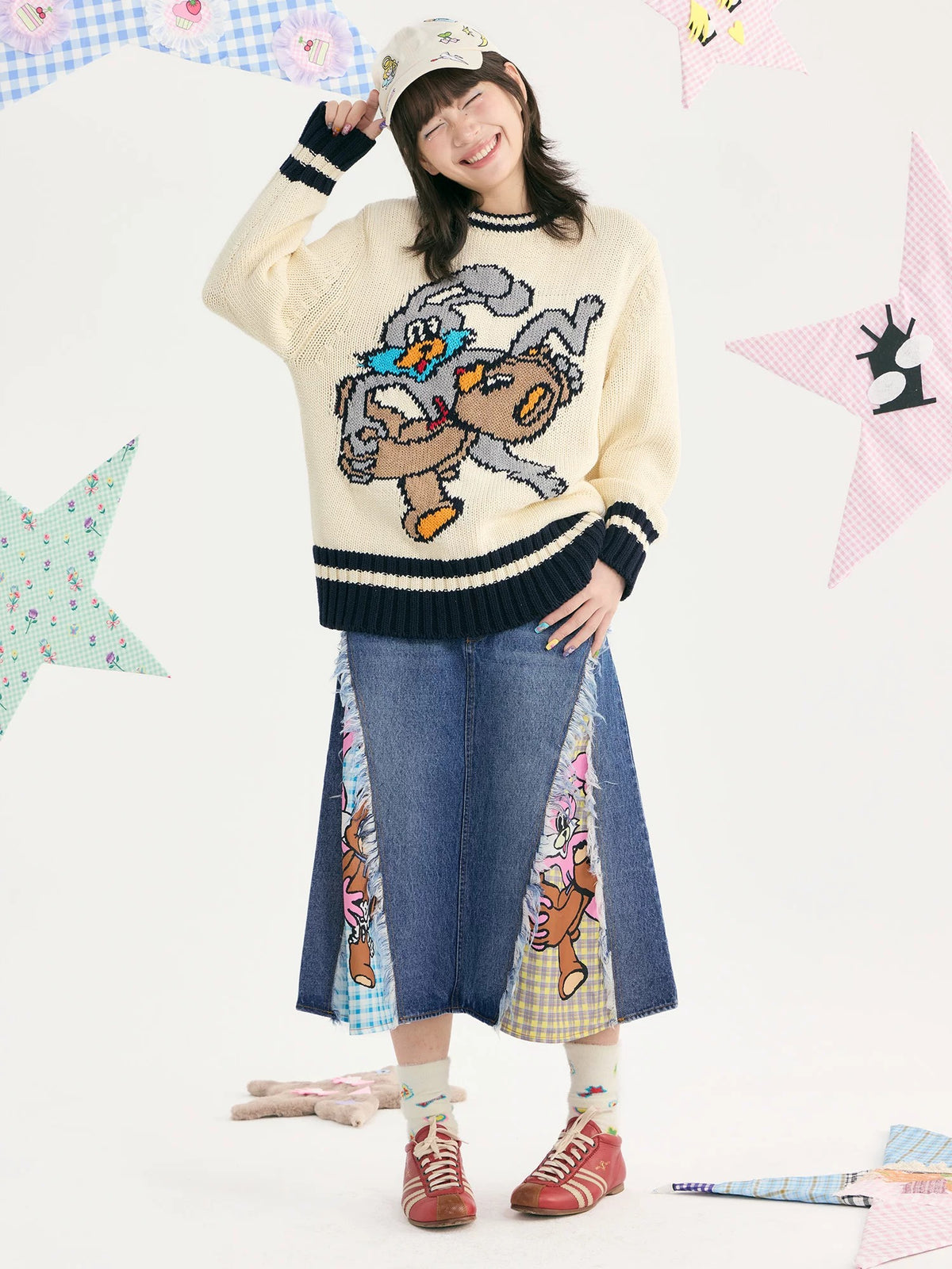 tntntutu - Washed Denim Patchwork A-Line Skirt skirt tntntutu