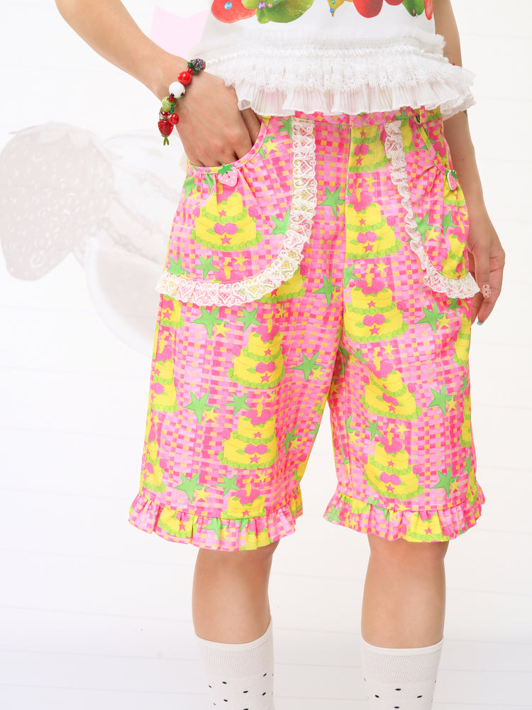 FRUITS Cake Illustration Shorts | Lace-Trimmed Culottes pants Fruits