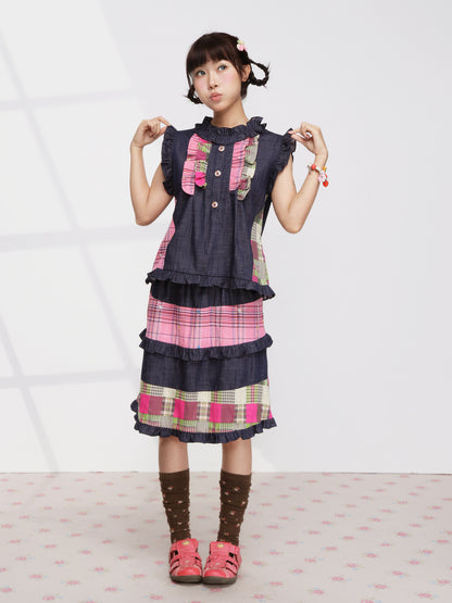 FRUITS - Pink Plaid Denim Vest Set set Fruits