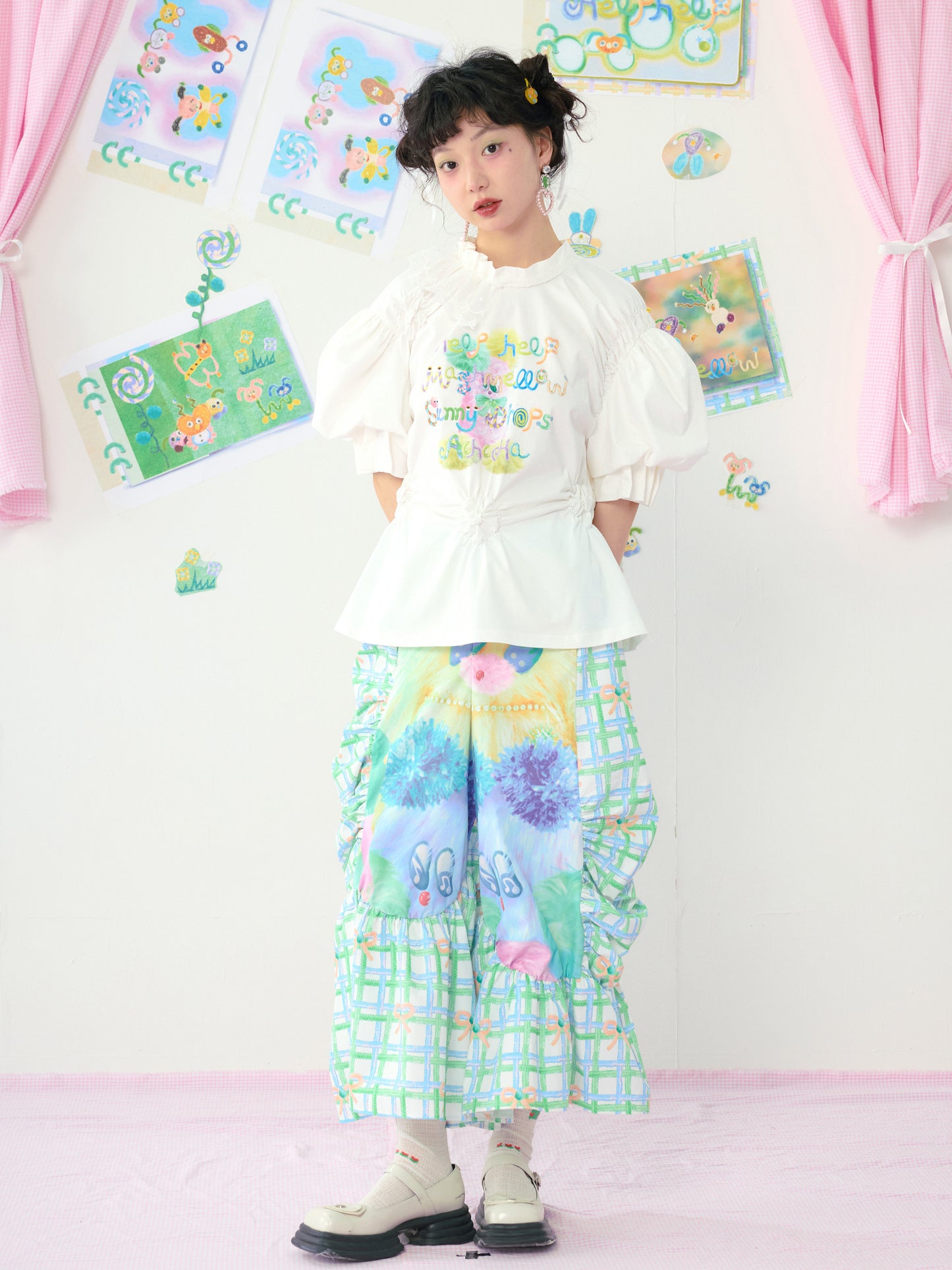 HELPHELP - Colorful Plaid Wide Leg Pants