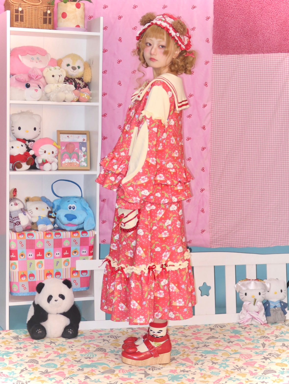 LULULULU - Kawaii Dessert Time Red Apple Print Blouse & Skirt Set set LULULULU