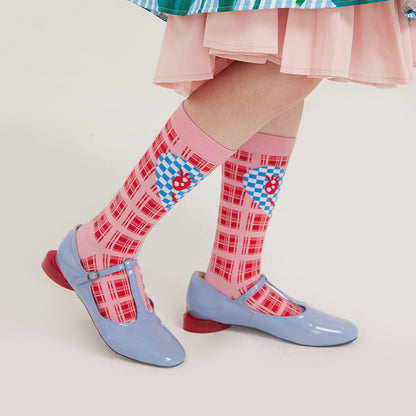 tntntutu Decora Kei Sock | Pink Plaid Heart Smile Socks | Cute Mid-Calf Cotton Socks sock tntntutu