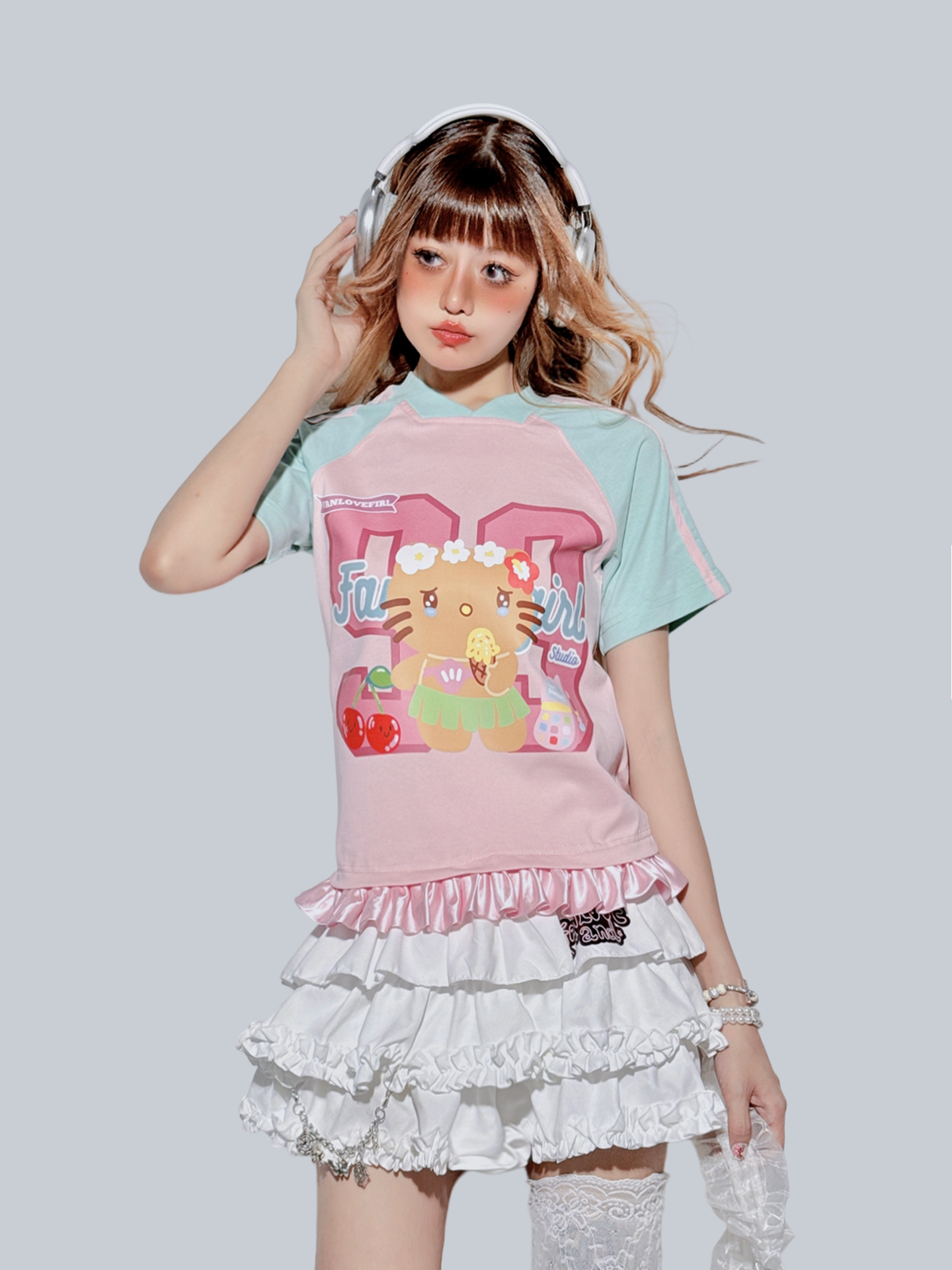 FANLOVEGIRL - Pink Sporty Lace Trim T-Shirt tshirt FANLOVEGIRL