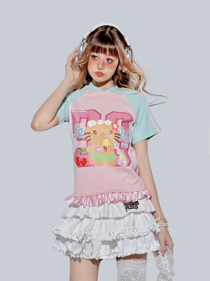 FANLOVEGIRL - Pink Sporty Lace Trim T-Shirt tshirt FANLOVEGIRL