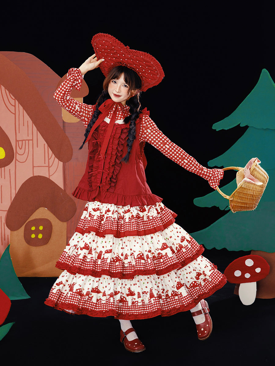 Meugler – Kawaii Mushroom Print Red Plaid Layered Cake Skirt